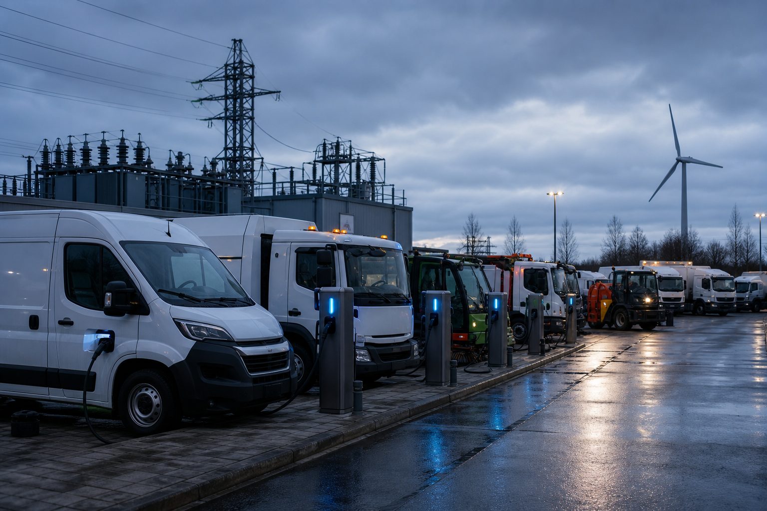 Industry context: a mixed electric and conventional vehicle depot at dusk, vans on DC chargers beside a compact substation and a distant wind turbine.
