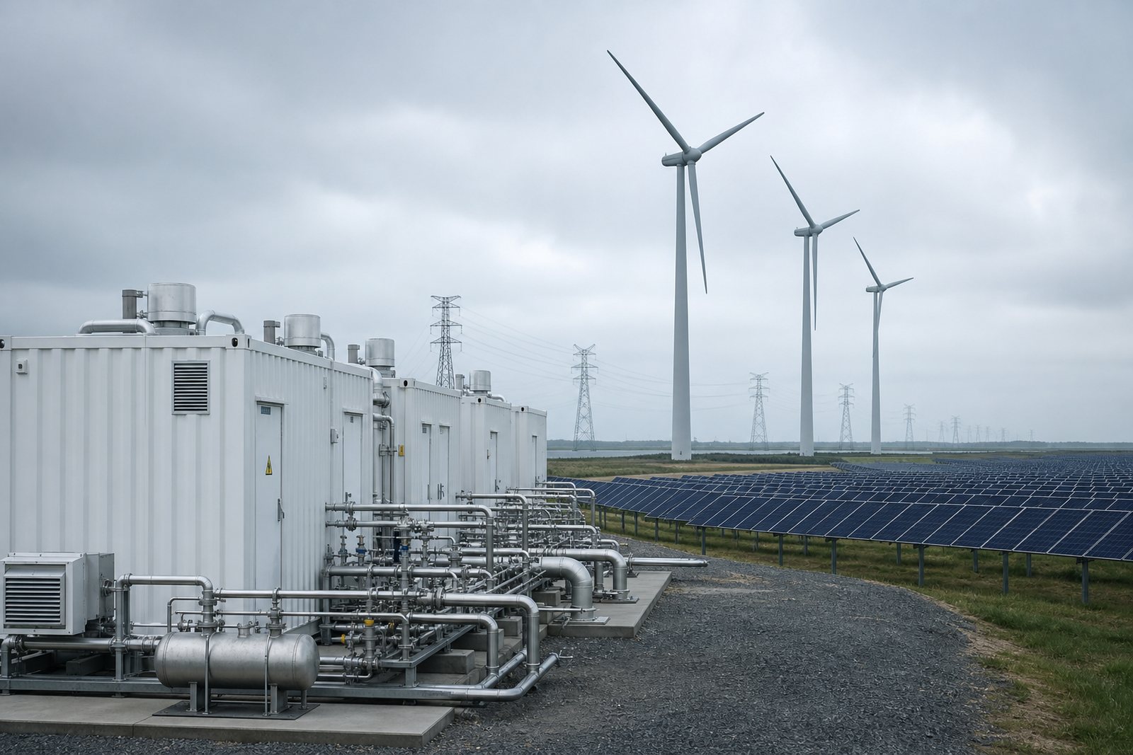 A hybrid energy site: hydrogen electrolyser units and pipework in the foreground, with a solar array, wind turbines and transmission pylons beyond.