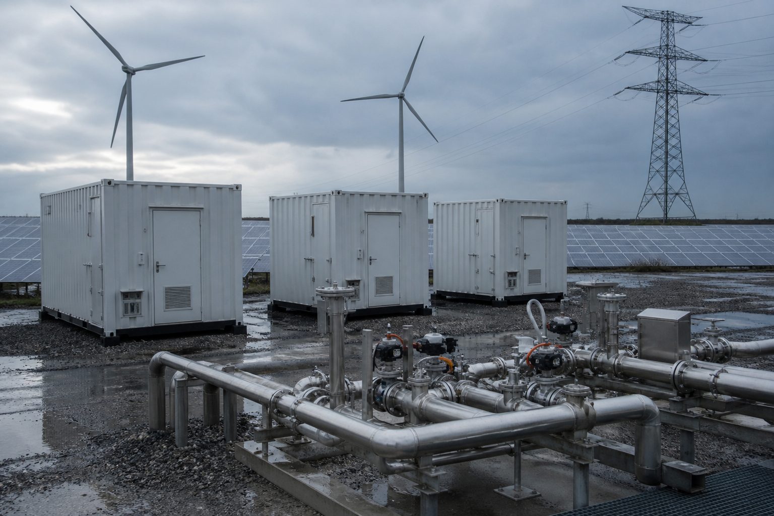 Industry context: containerised conversion units and pipework in the foreground, with a solar array, wind turbines and a transmission pylon behind.